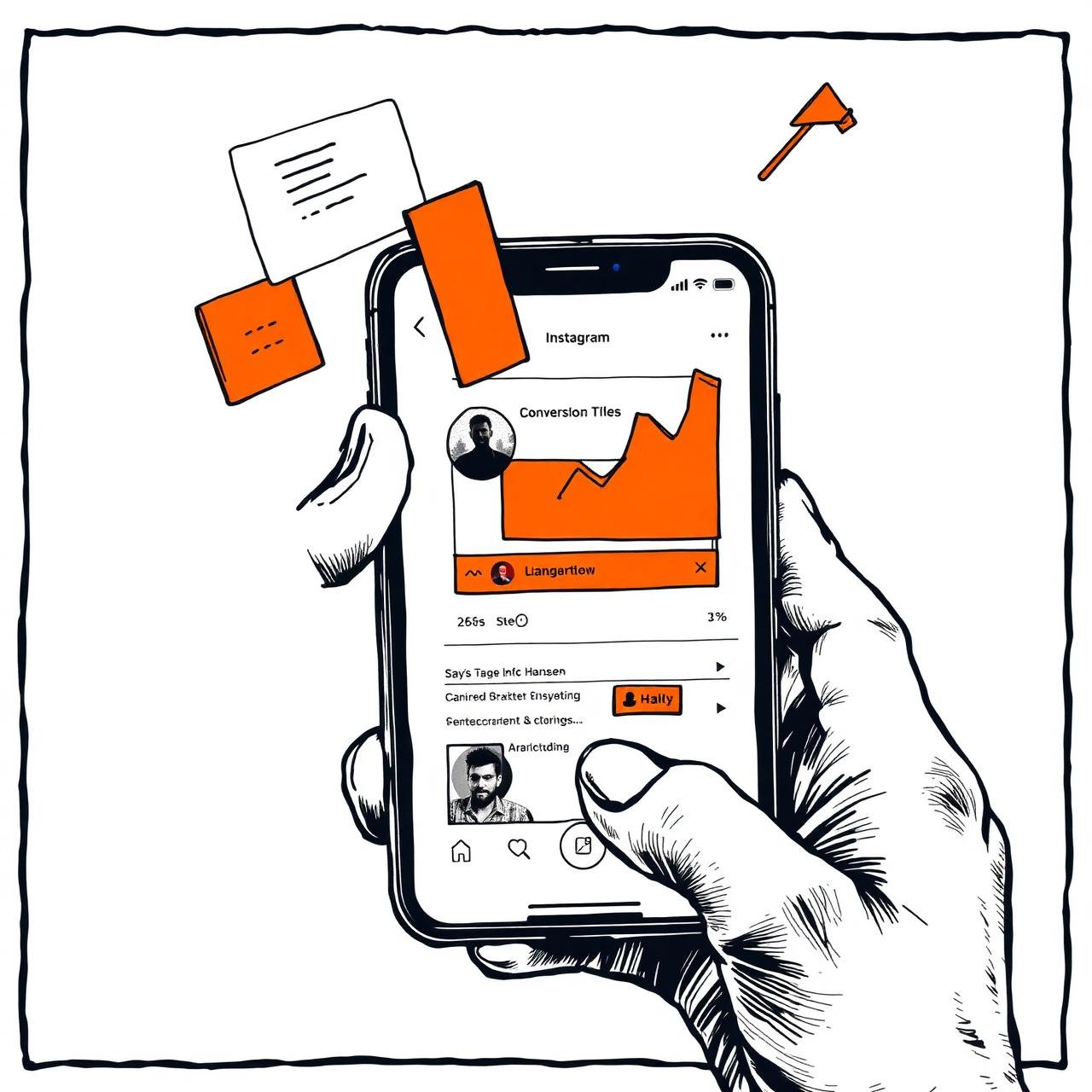 Estrategia de marketing digital de JM en una pantalla móvil mostrando crecimiento real
